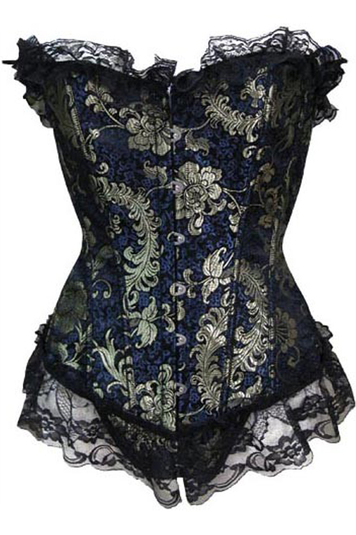 Vintage Classical Blue and Gold Tapestry in Floral trimmed and black flare ruffles design corset